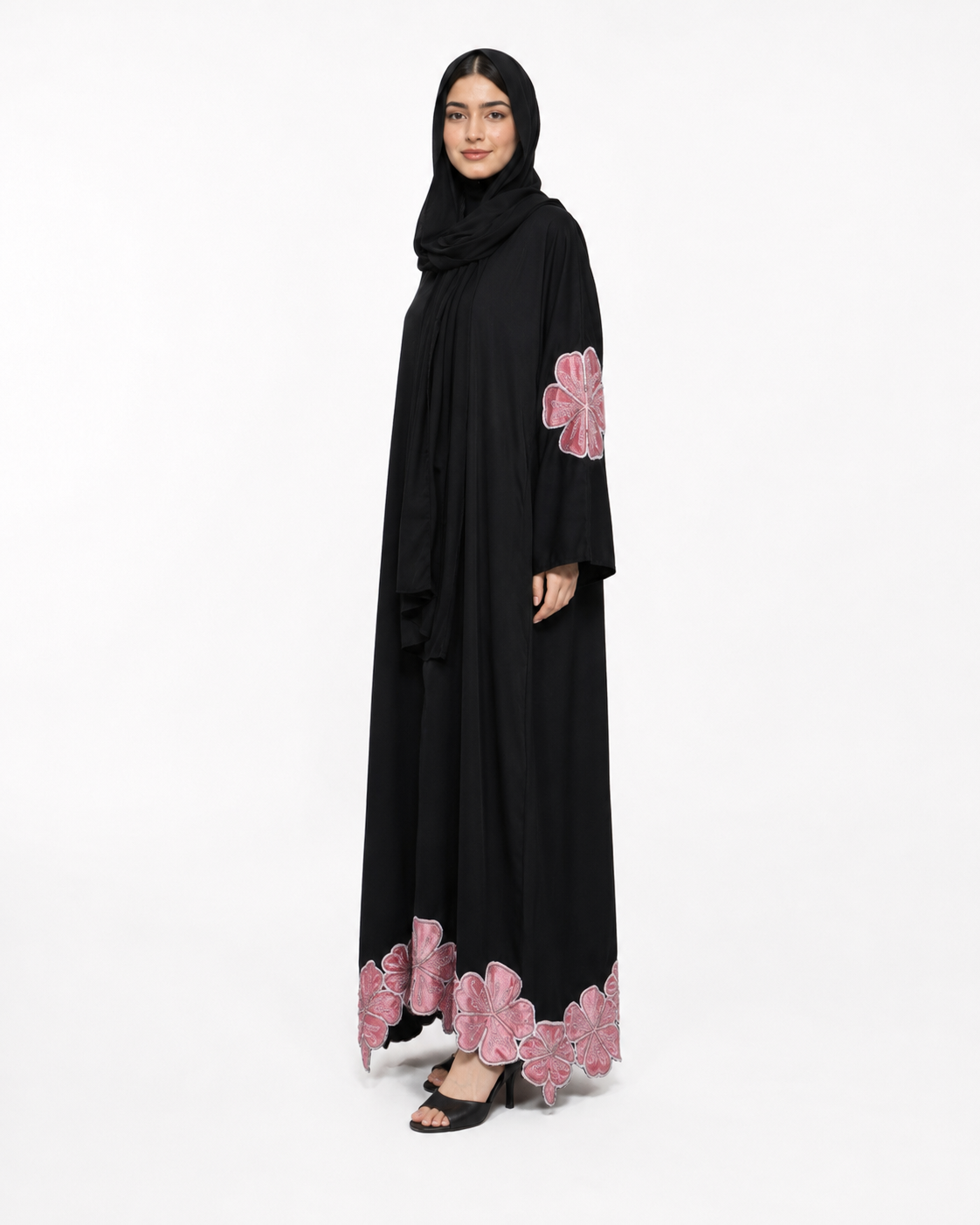 Black Pink Floral Applique Front Open Abaya
